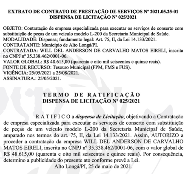 Contrato firmado pela Prefeitura de Alto Longá com a empresa Q S N Auto Centro.
