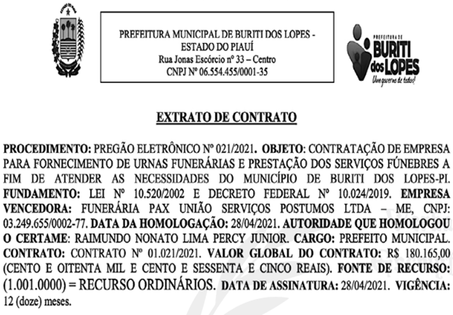 Contrato firmado pela Prefeitura de Buriti dos Lopes.