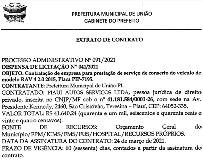 Contrato firmado pela Prefeitura de União com a empresa Piauí Autos Serviços Ltda.