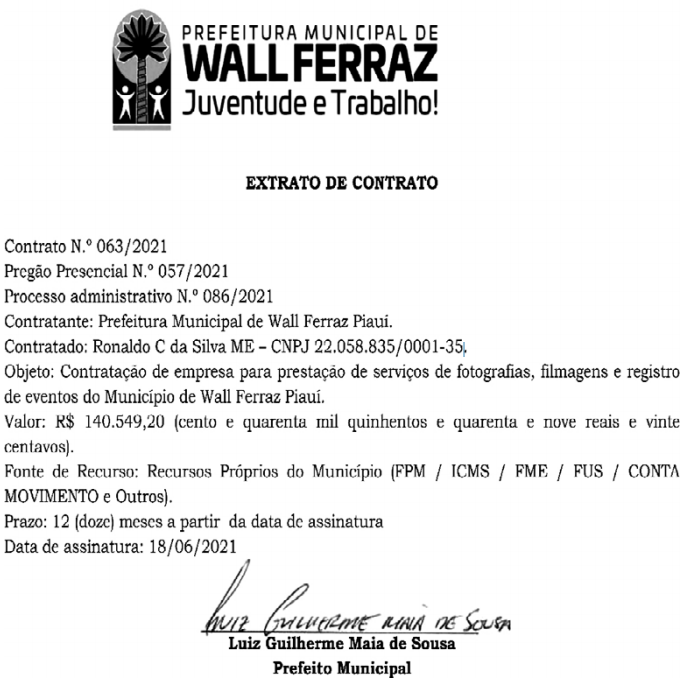 Contrato firmado pela Prefeitura de Wall Ferraz com a empresa Ronaldo Carvalho Filmes.