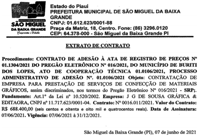 Contrato firmado pela Prefeitura de São Miguel da Baixa Grande.
