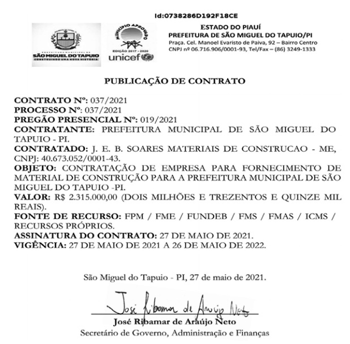 Contrato do prefeito Pompilim com J. E. B. Soares Materiais de Construção.
