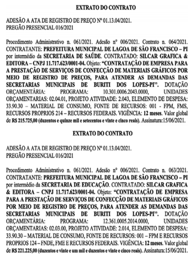 Contratos firmados pela Prefeitura de Lagoa de São Francisco.