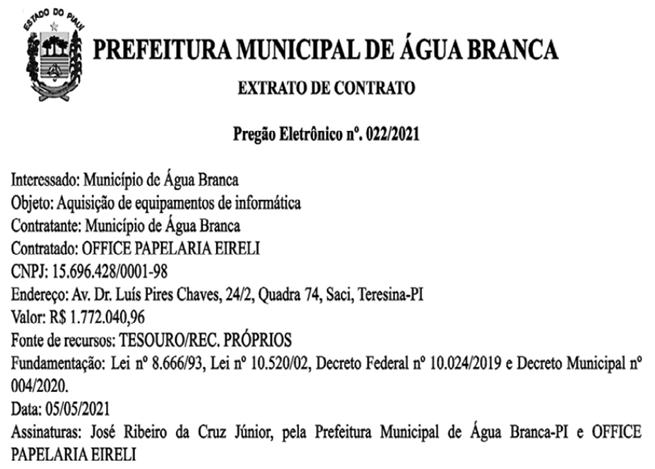Contrato firmado pela Prefeitura de Água Branca com a empresa Office Papelaria Eireli.