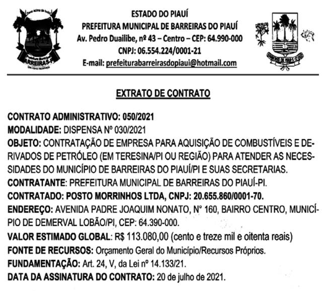 Contrato firmado pela Prefeitura de Barreiras do Piauí com a empresa Posto Morrinhos Ltda.