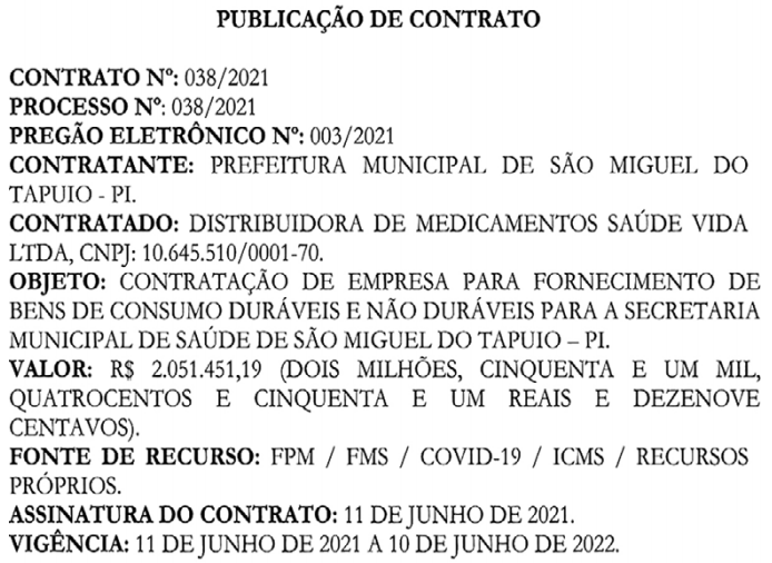 Contrato firmado pela Prefeitura de São Miguel do Tapuio com a empresa Saúde & Vida.