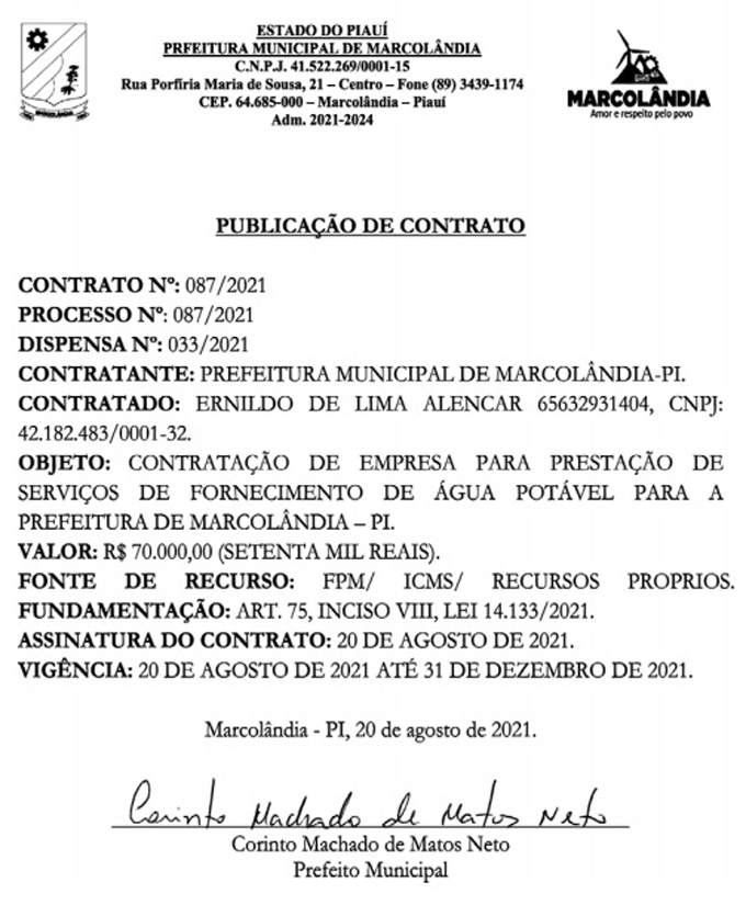 Contrato com empresa Ernildo de Lima Alencar.