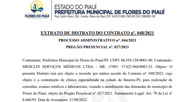 Extrato do contrato da Prefeitura de Flores do Piauí.