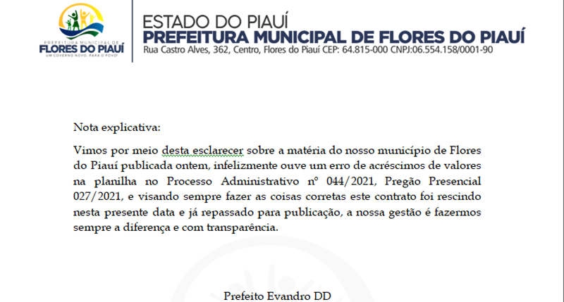Nota explicativa da Prefeitura de Flores do Piauí.