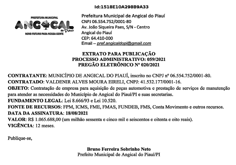 Contrato firmado pelo prefeito Bruno Neto (MDB)