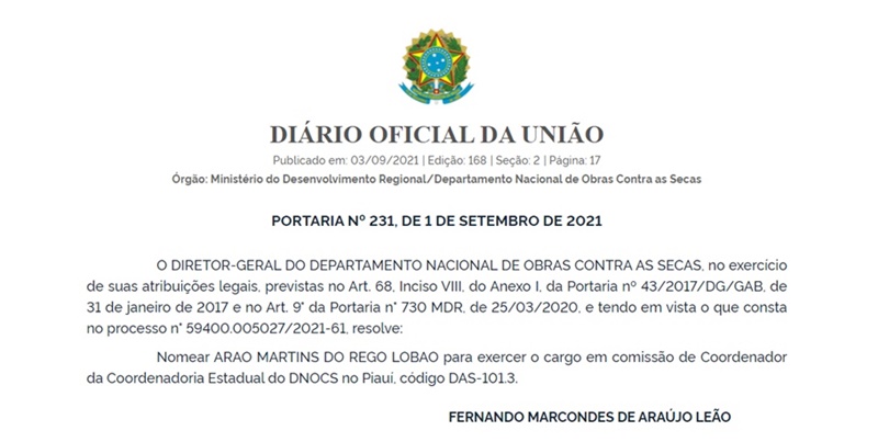 Nomeação de Arão Lobão para coordenar o Departamento Nacional de Obras Contra as Secas.