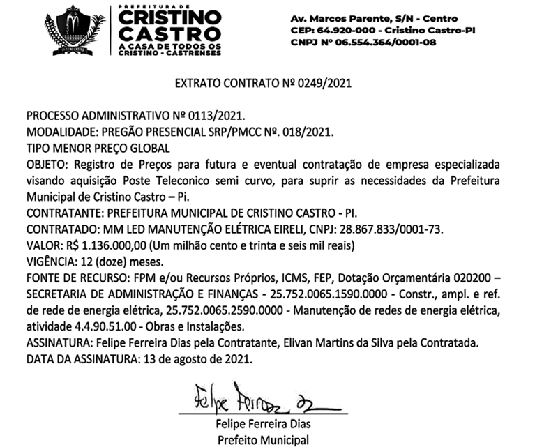 Contrato assinado pelo prefeito de Cristino Castro, Felipe Dias (PT).