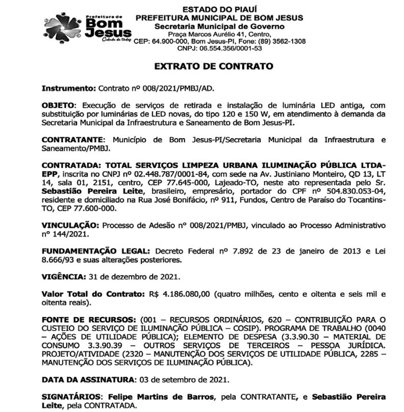 Contrato assinado pelo prefeito de Bom Jesus, Nestor Elvas (MDB).