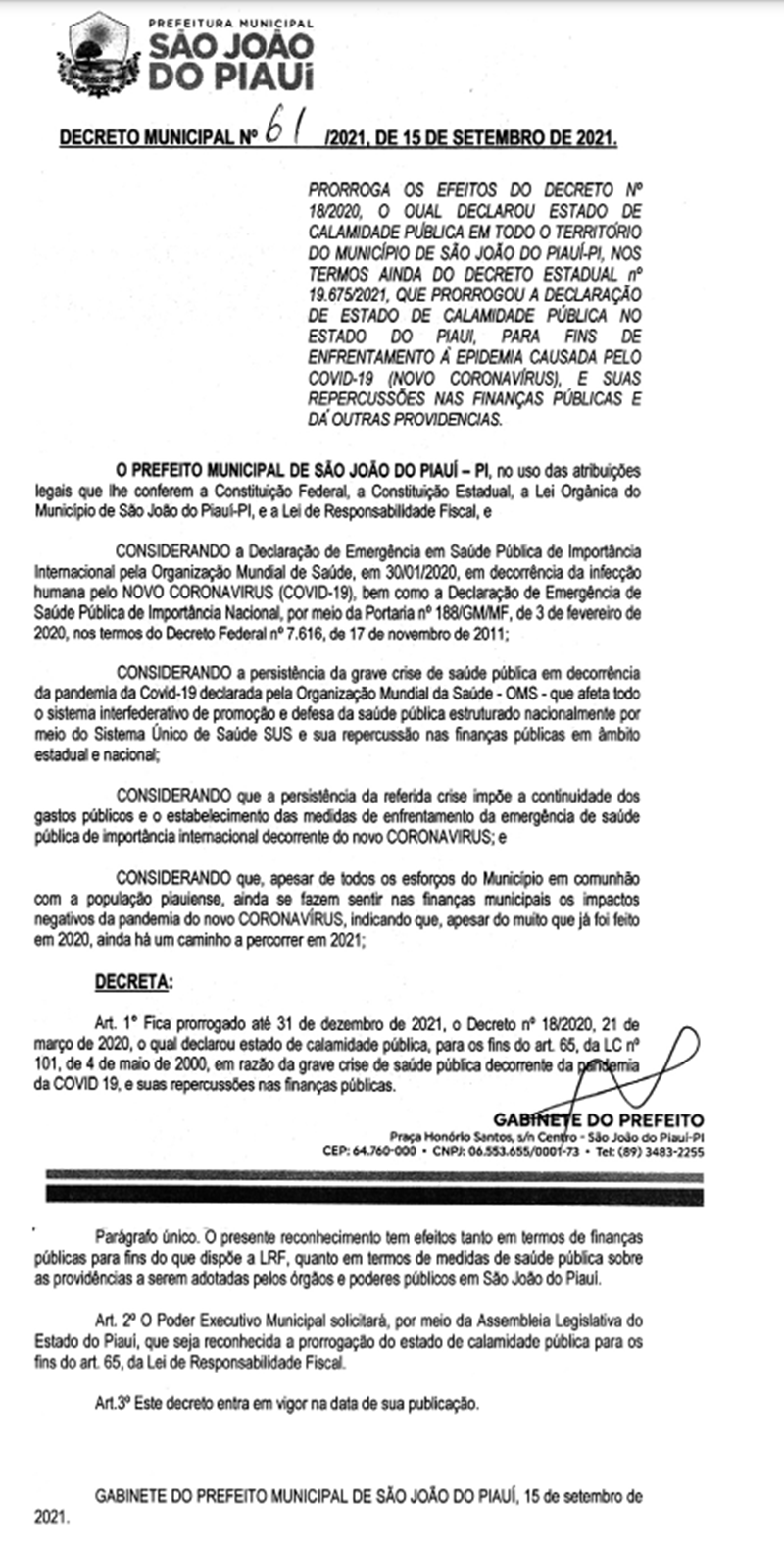 Decreto assinado pelo prefeito Ednei Amorim.