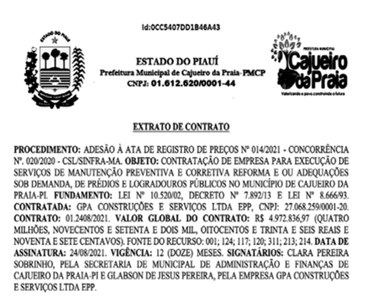 Contrato assinado pelo prefeito de Cajueiro da Praia, Felipe Ribeiro.