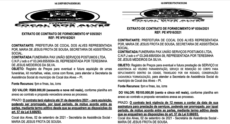 Contratos assinados pelo prefeito de Cocal dos Alves, Osmar Vieira.