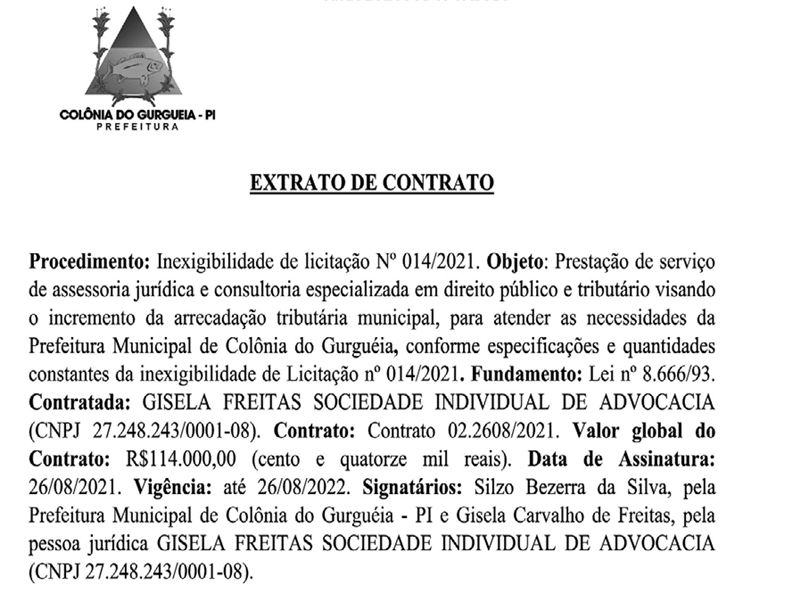 Contrato assinado pelo prefeito de Colônia do Gurguéia, Silzo Bezerra.