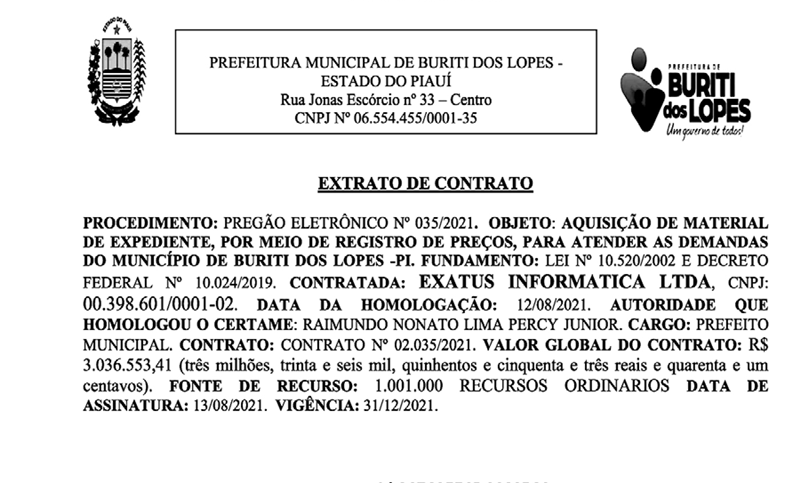 Contrato assinado pelo prefeito de Buriti dos Lopes, Júnior Percy.