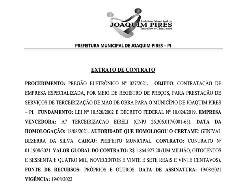 Contrato assinado pelo prefeito de Joaquim Pires, Genival Bezerra.