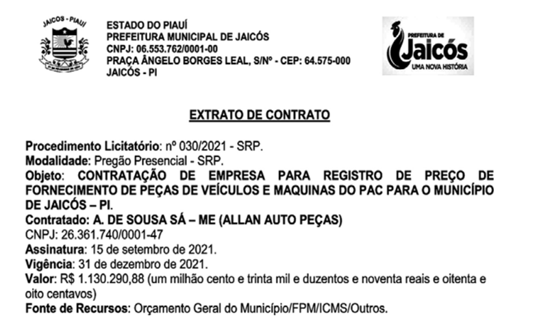 Contrato assinado pelo prefeito de Jaicós, Neném de Edite.