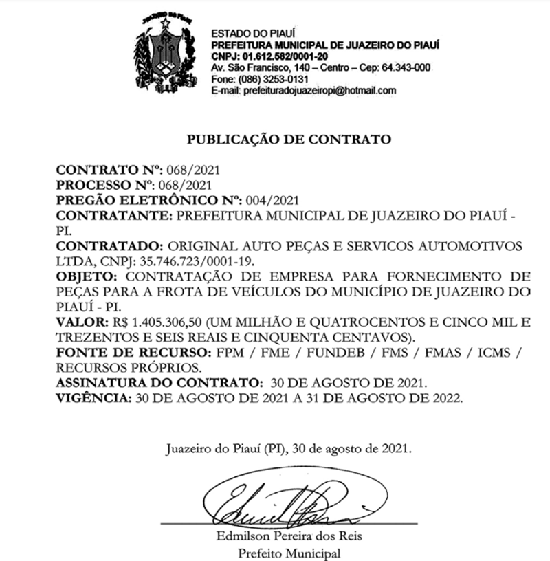 Contrato assinado pelo prefeito de Juazeiro do Piauí, Edmilson Reis.