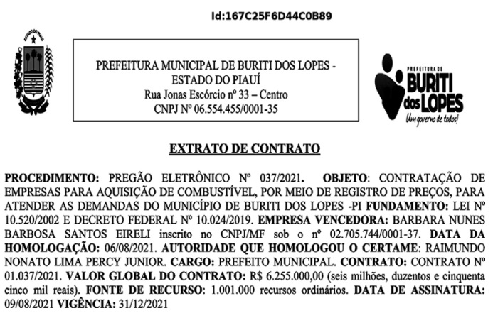 Contrato da prefeitura de Buriti dos Lopes para compra de combustível.