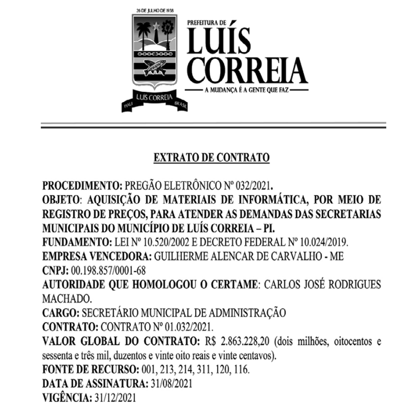 Contrato assinado pela prefeita de Luís Correia, Maninha.