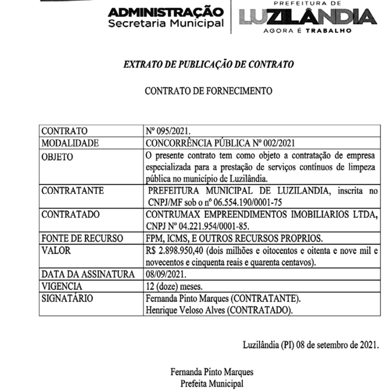 Contrato assinado pela prefeita de Luzilândia, Fernanda Marques.