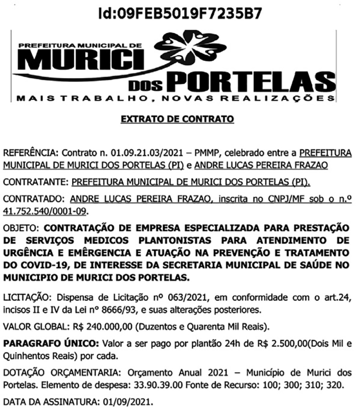 Contrato da prefeita de Murici dos Portelas com o médico.