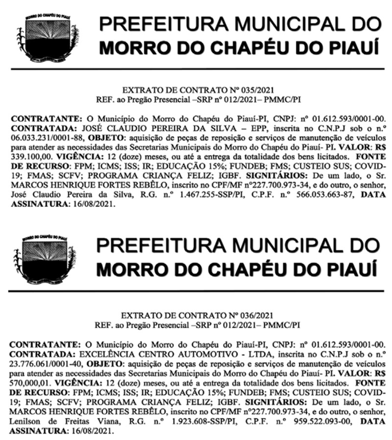 Contratos assinados pelo prefeito de Morro do Chapéu do Piauí, Marcos Henrique.