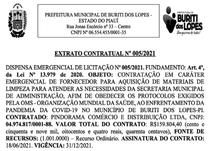 Contrato da prefeitura de Buriti dos Lopes.