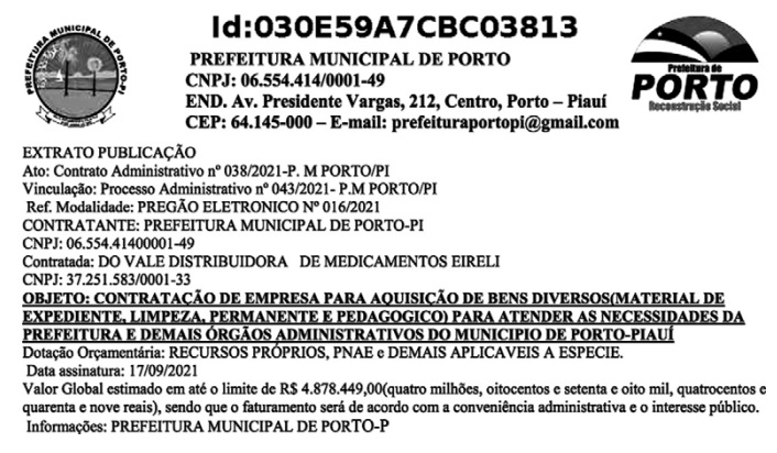 Contrato da prefeitura de Porto com a Do Vale Distribuidora.