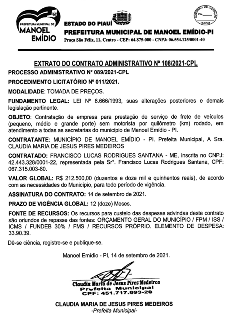 Contrato assinado pela prefeita de Manoel Emídio, Claudia Medeiros.
