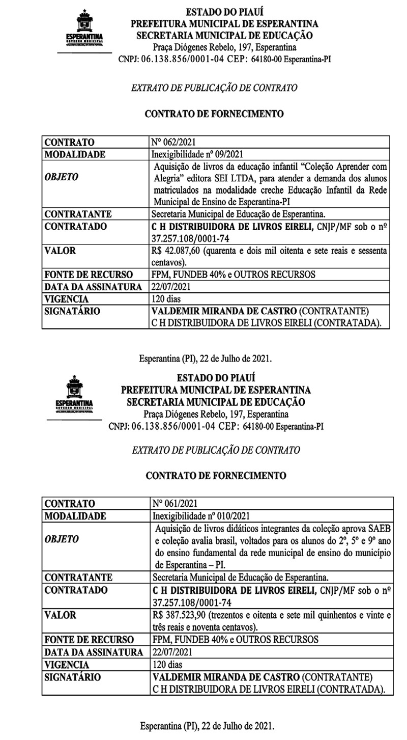 Contratos assinados pela prefeita de Esperantina, Ivanária Sampaio.