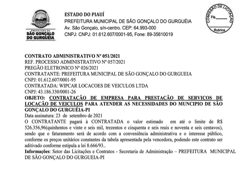 Contrato assinado pelo prefeito de São Gonçalo do Gurguéia, Paulinho Enfermeiro.