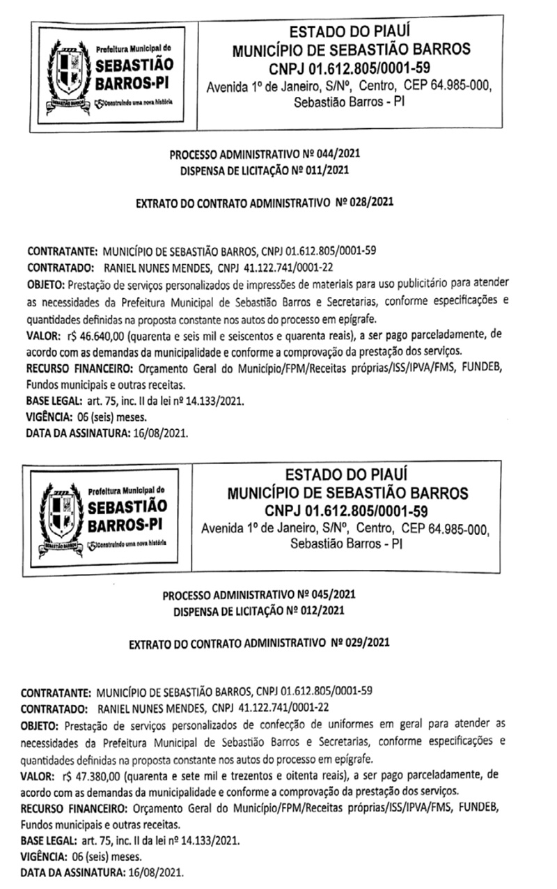 Contratos assinados pelo prefeito de Sebastião Barros, Pablo Carvalho.