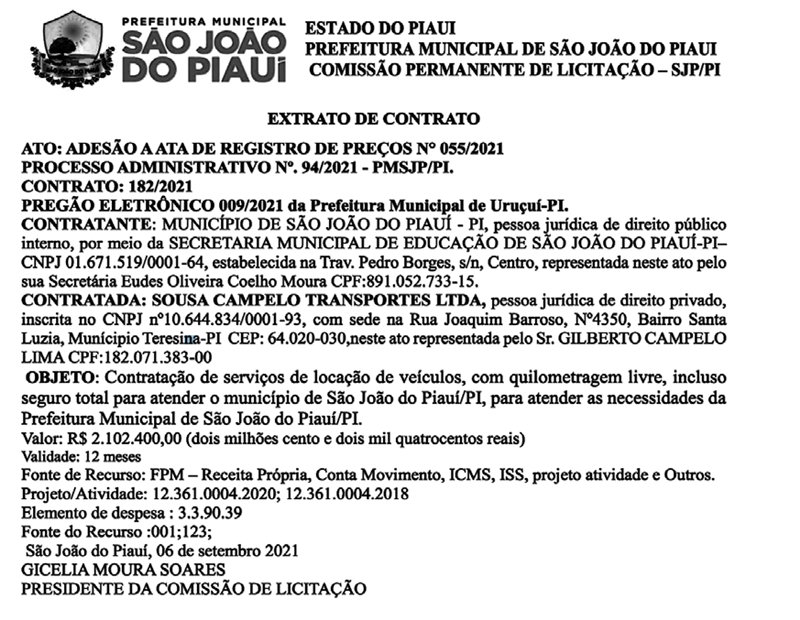 Contrato assinado pelo prefeito de São João do Piauí, Ednei Amorim.
