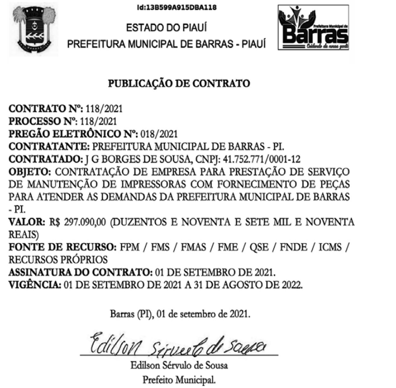 Contrato assinado pelo prefeito de Barras.