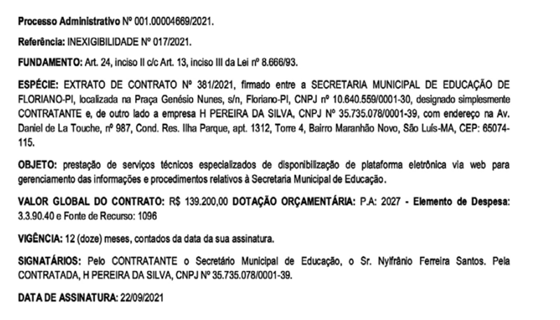 Contrato assinado pelo prefeito de Floriano.