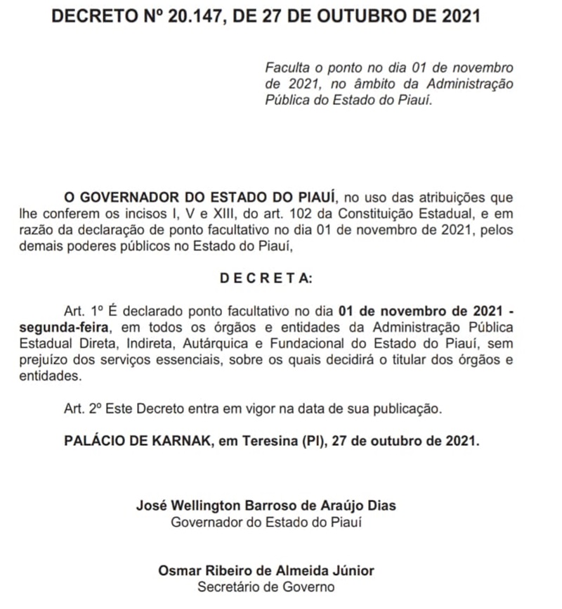 Decreto assinado pelo governador Wellington Dias.