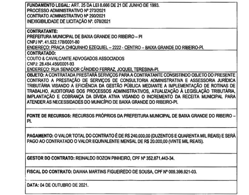 Contrato assinado pelo prefeito de Baixa Grande do Ribeiro, Dr. Zé Luis (PSB).