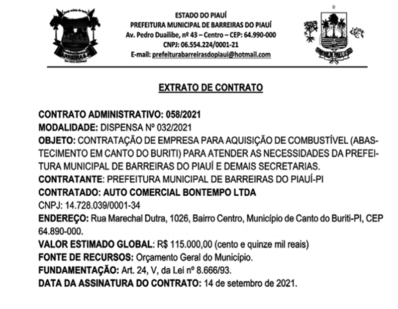 Contrato assinado pelo prefeito de Barreiras do Piauí, Aroldin (PT).