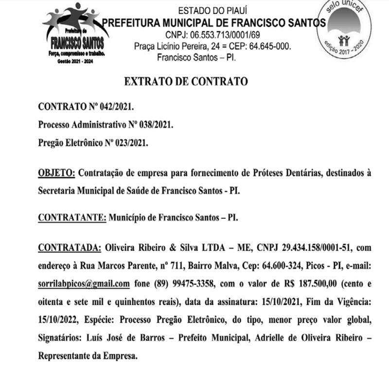 Contrato assinado pelo prefeito Dr. Luis José.