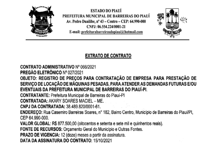 Contrato assinado pelo prefeito de Barreiras do Piauí, Aroldin (PT).