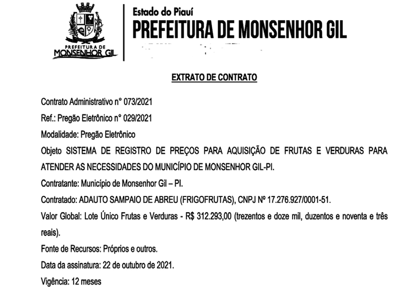 Contrato assinado pelo prefeito de Monsenhor Gil, João Luiz (PSD).