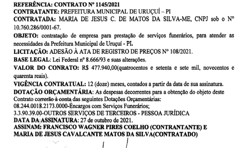 Contrato assinado pelo prefeito de Uruçuí, Dr. Wagner.