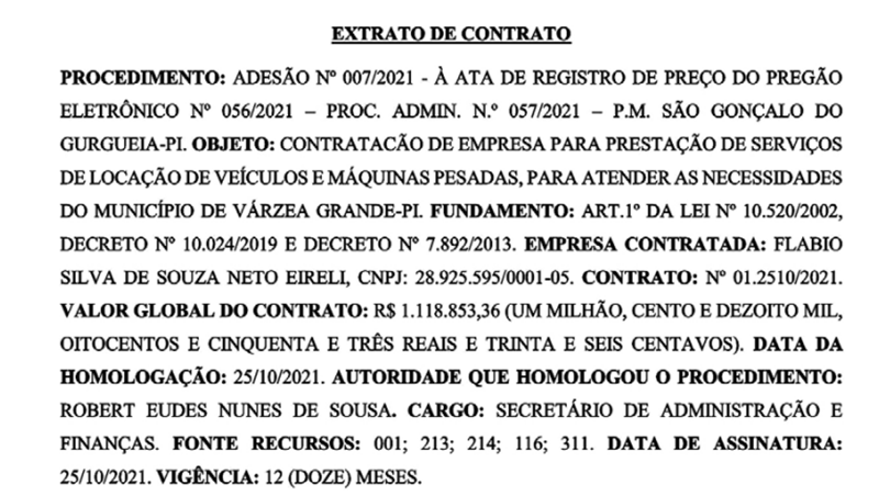 Contrato assinado pelo prefeito Dr. Segundo, do município de Várzea Grande.
