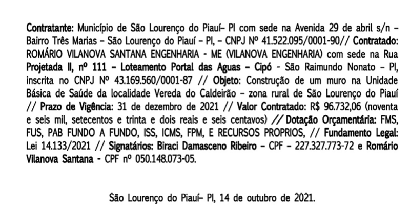 Contrato assinado pelo prefeito de São Lourenço do Piauí, Bira (PSD).