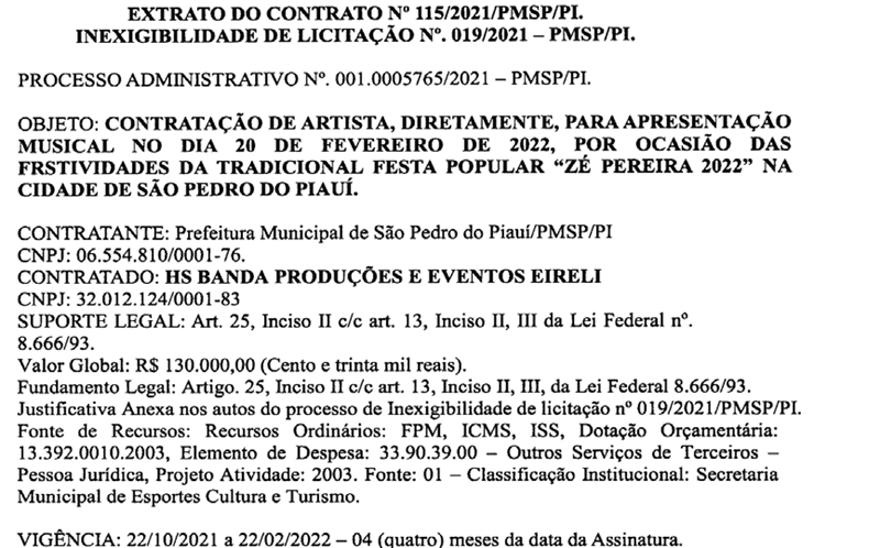 Contrato assinado pelo prefeito de São Pedro do Piauí.