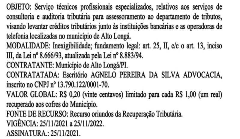 Contrato assinado pelo prefeito de Alto Longá.
